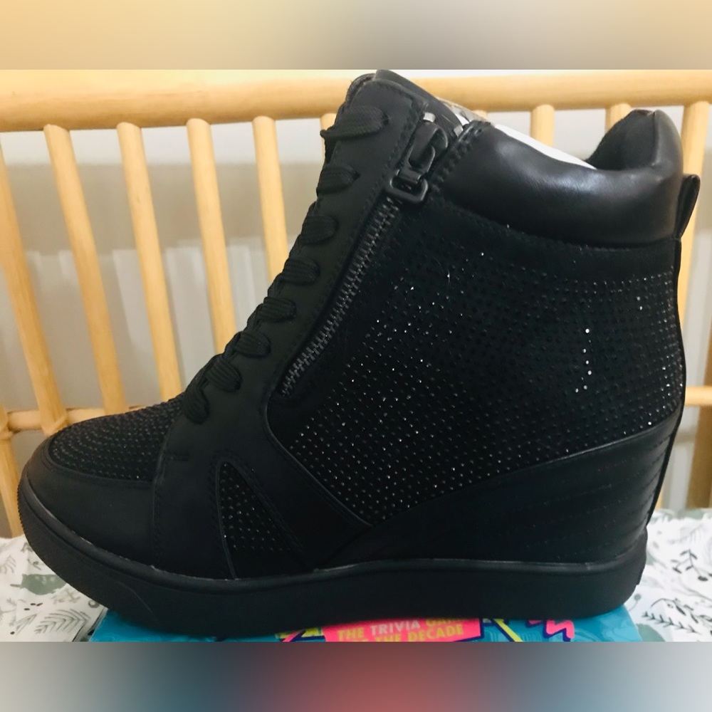 Black platform boot with black rhinestones